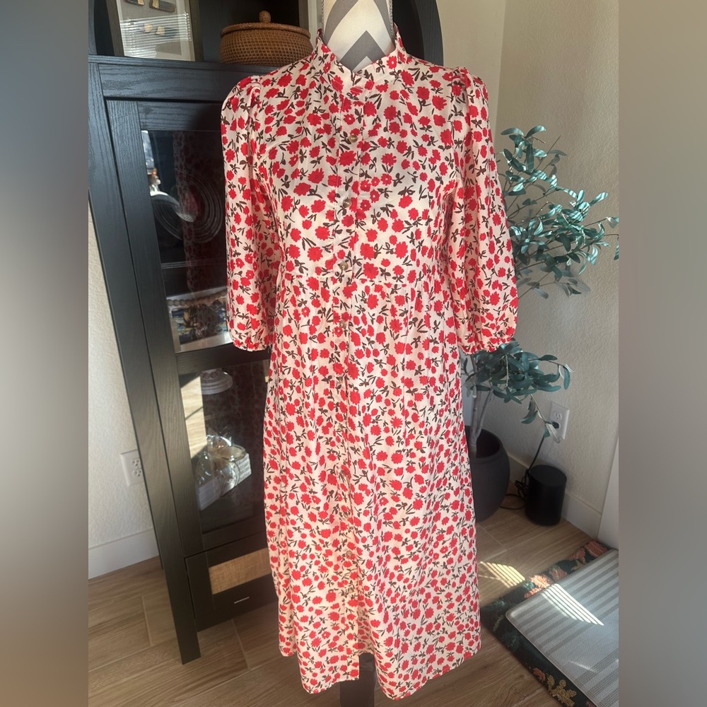 🆕NWT Roolee cream-colored maxi dress red floral accents & button-down front SZ S